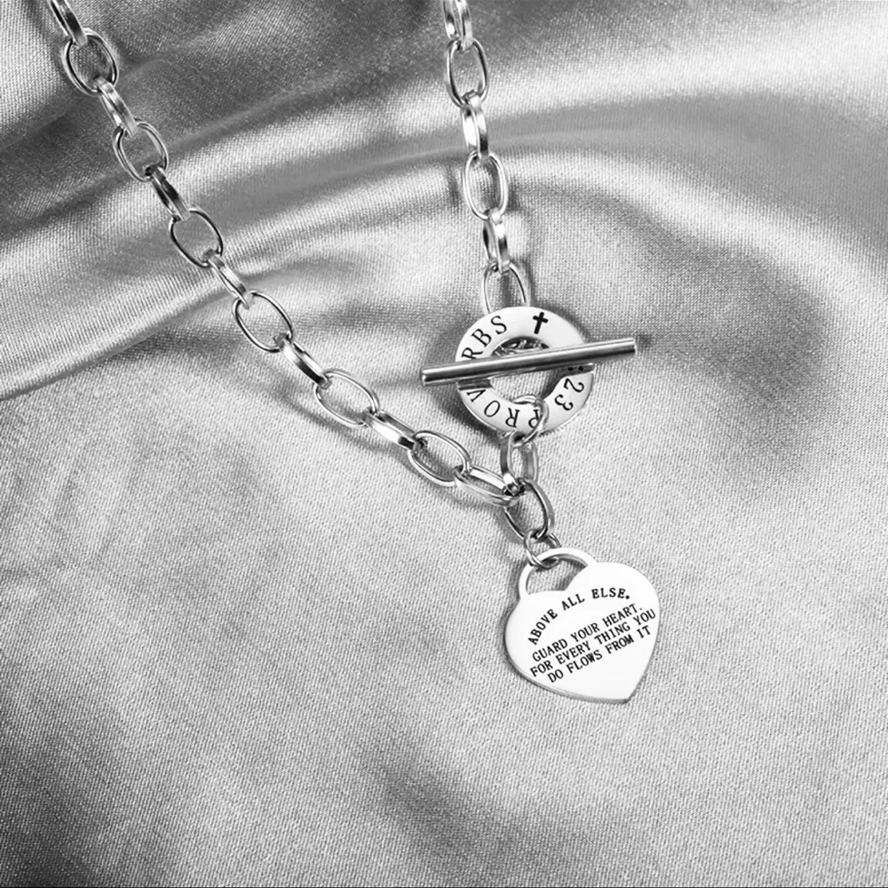 New Proverbs 4:23 Handmade 316L Stainless Steel Cross Heart Pendant Necklace